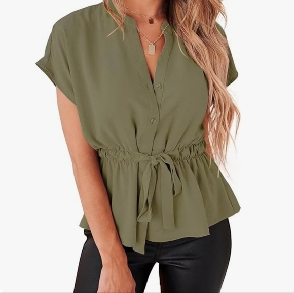 CiCiBird Tops - NEW CiCiBird Button Down Casual Peplum Top - Olive Green